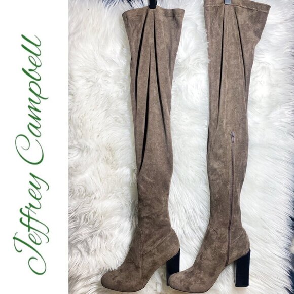 NWT JEFFREY CAMPBELL Perouze Over-The-Knee Faux Suede Block Heel Boots Taupe 8.5 - Picture 2 of 16